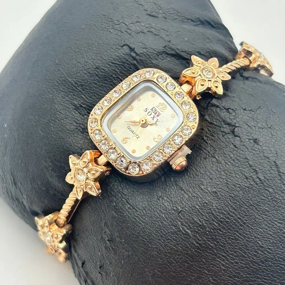 Soxy Rose Gold Square Dial Crystals on Bezel Floral Accents Women Fashion Watch